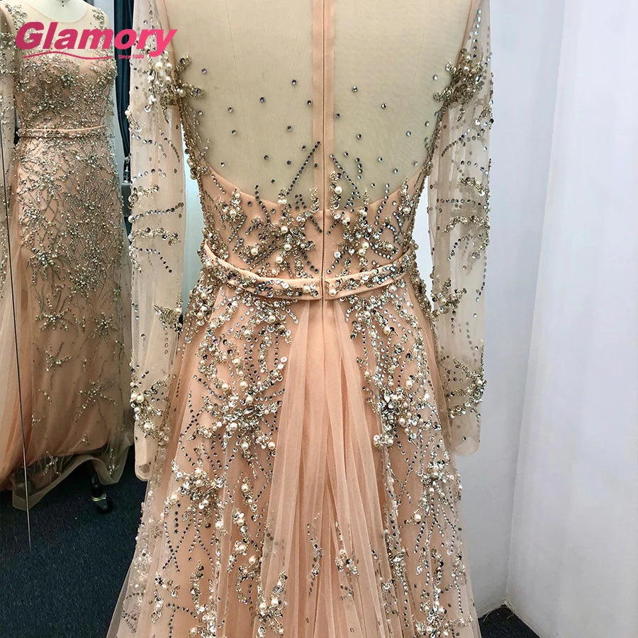 Rose Gold Long Sleeve Tirkish Dress With Stylish Beaded Evening Dresses Made in China