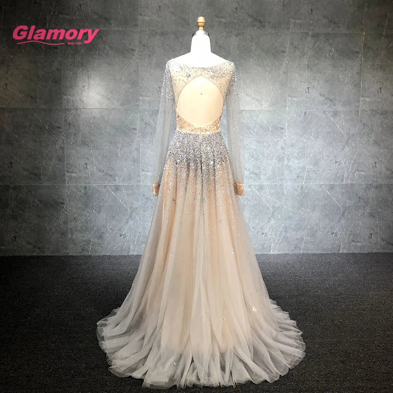 Hot Sale Korean Luxury Long Sleeves Prom Gown V Neck Party Evening Dress