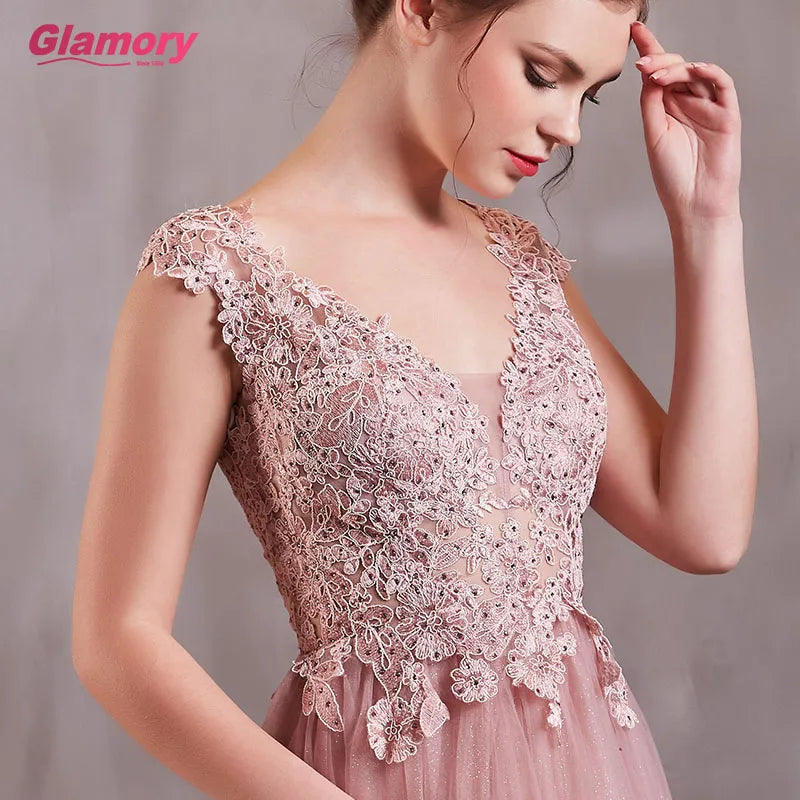 Pink Long for Fat Woman Sexy See Through Lace Appliques Prom V-neck Floor-length Bling Tulle Evening Dress