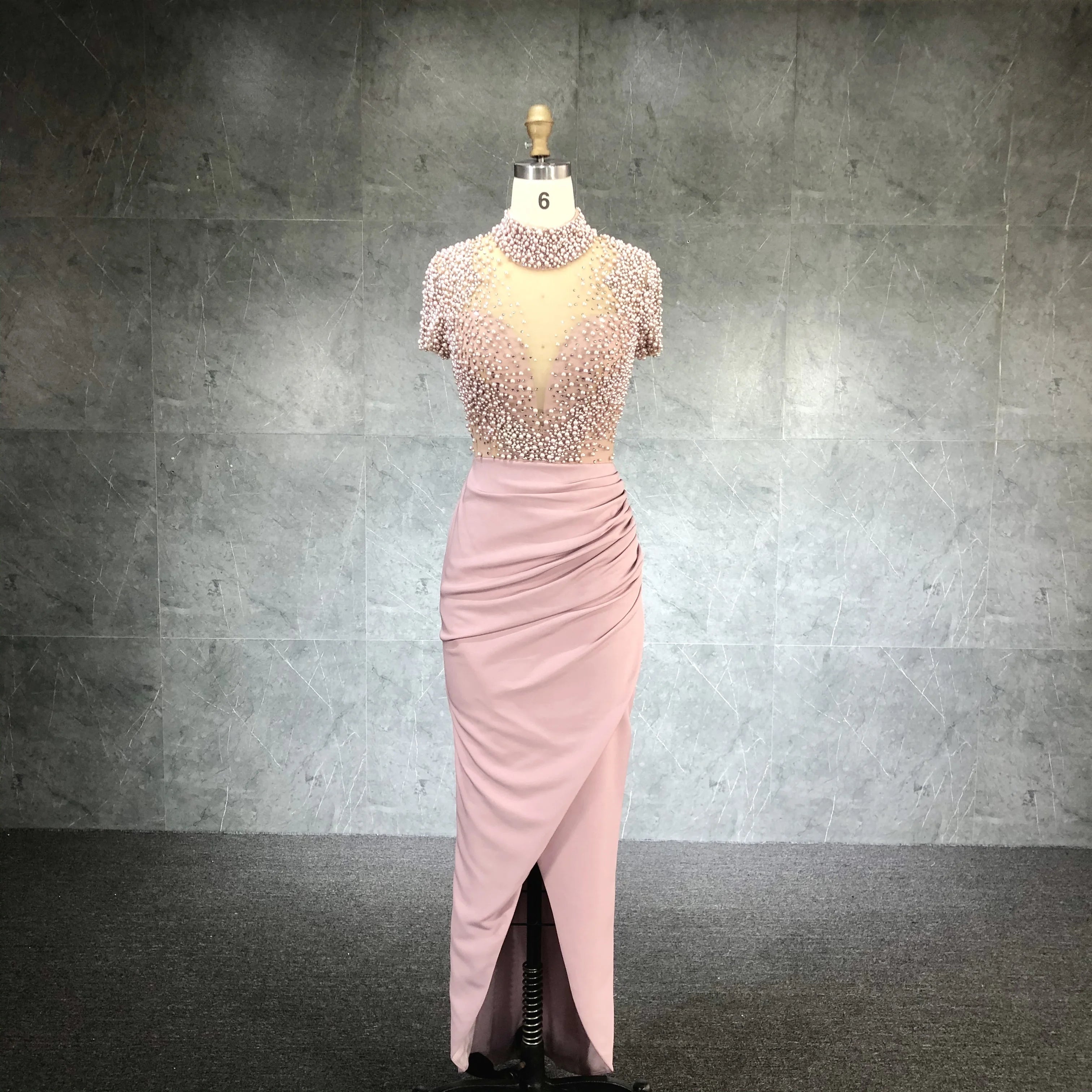 2022 Fashion Vestido De Novia Pearls Beaded Maxi Dress Short Sleeved Sexy Slit Women Party Gown Prom Dress