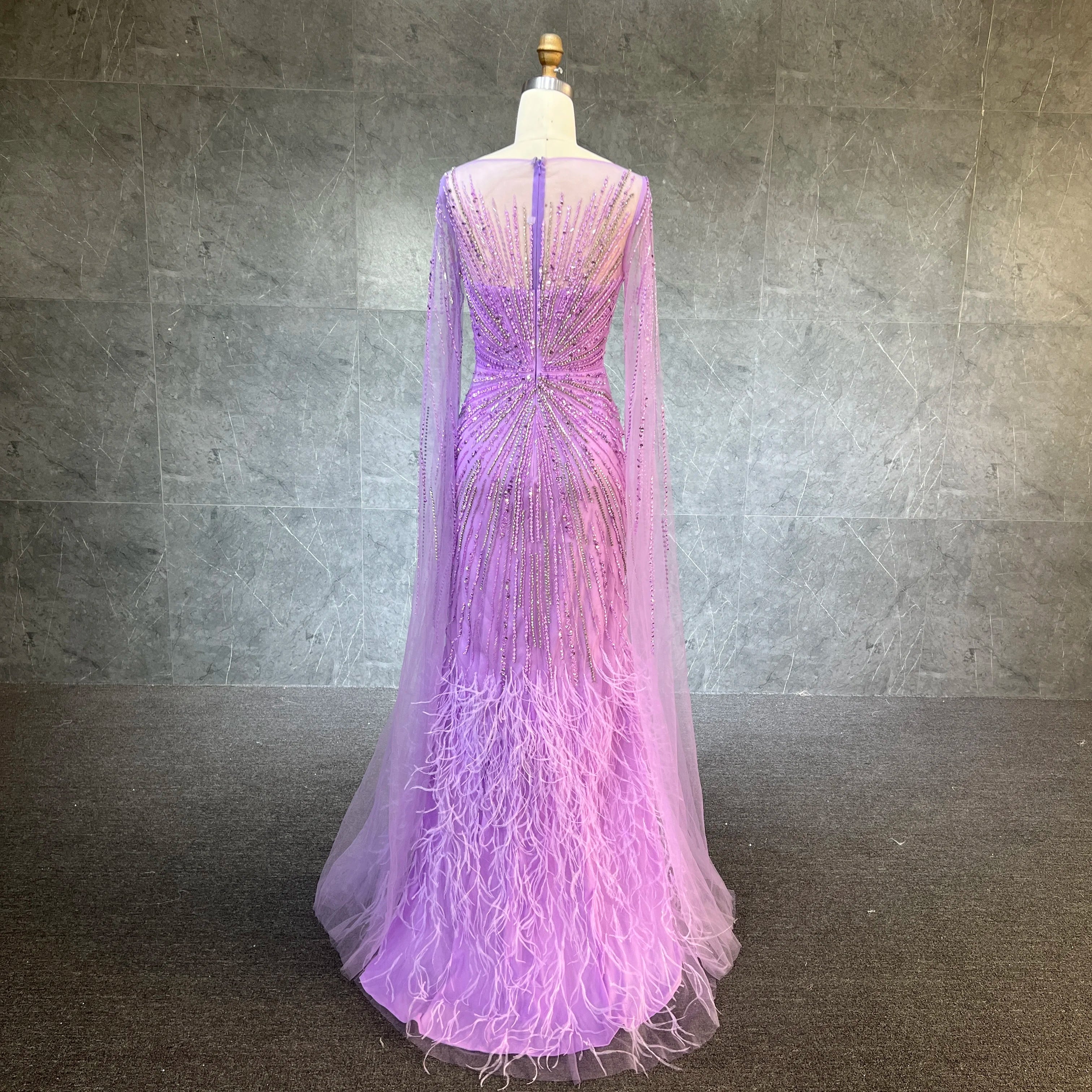 Luxury Dubai Lilac Feathers Beaded Cape Sleeves A-line Evening Gown for Women Wedding Party Dresses
