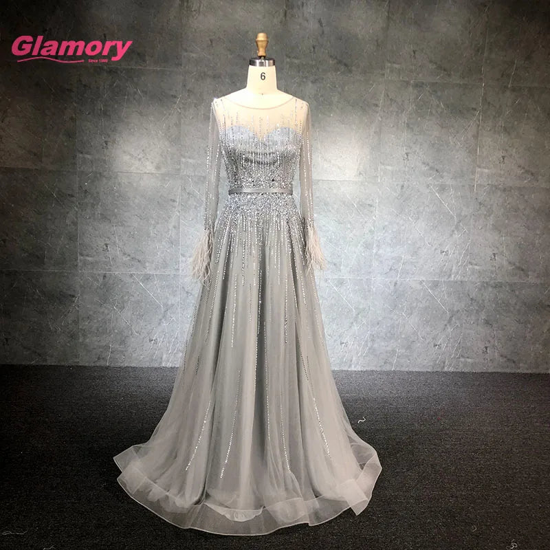 Luxury Beading Long Sleeve a Line Evening Prom Women Elegant Robe De Soiree