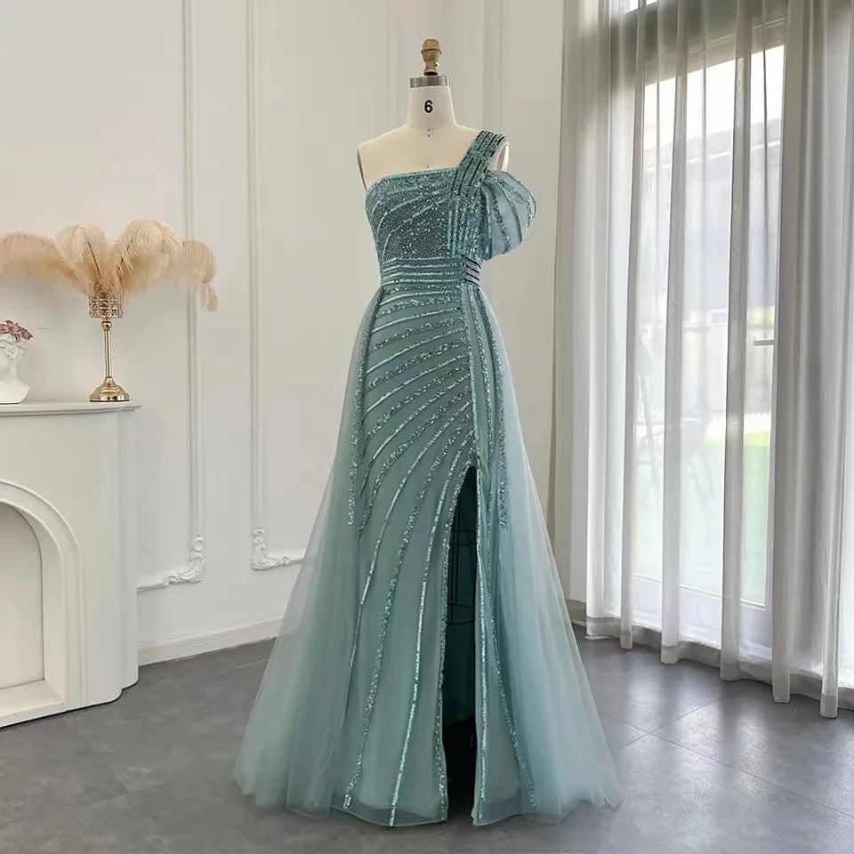 Turquoise Luxury One Shoulder Beading Evening Party Dress With Overskirt Side Slit Sexy Long Prom Dress
