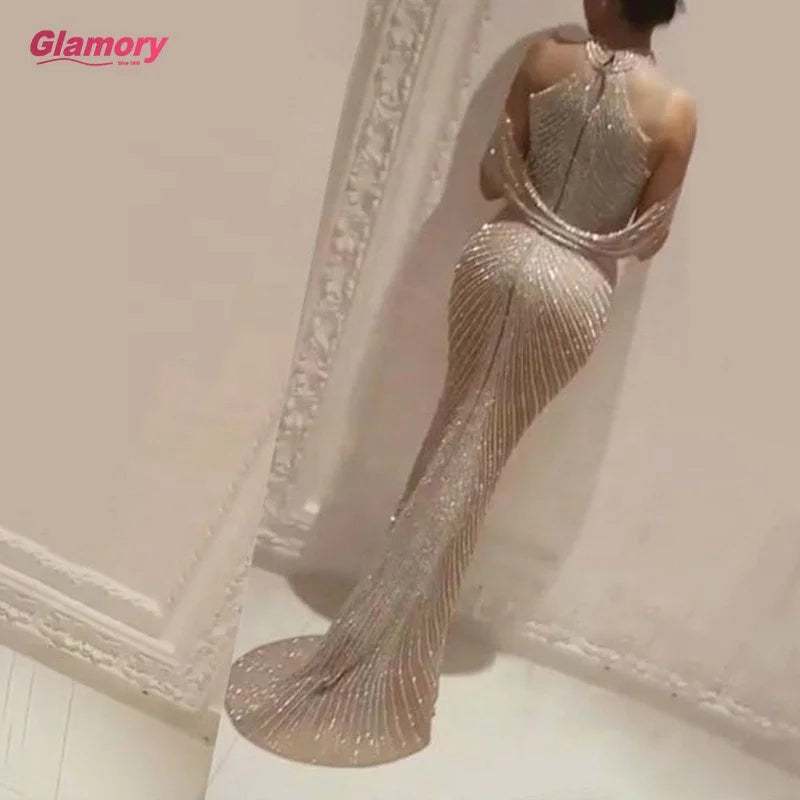 Elegant 2021 Women Ladies Halter Neck Beaded Luxury Front Slit Chaozhou Evening Dresses