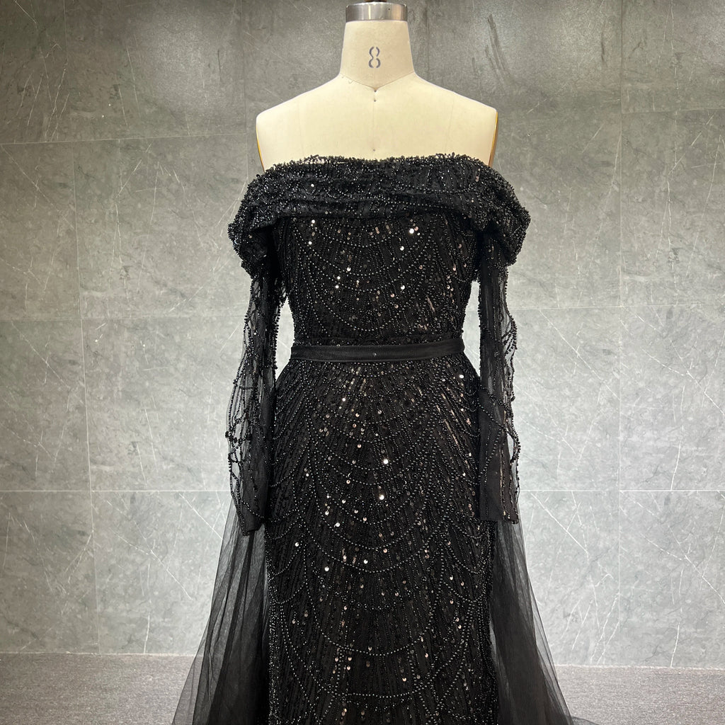2023 Luxury Black Dubai Evening Dress Off Long Sleeve Detachable Skirt Arabic Women Wedding Party Prom Gown