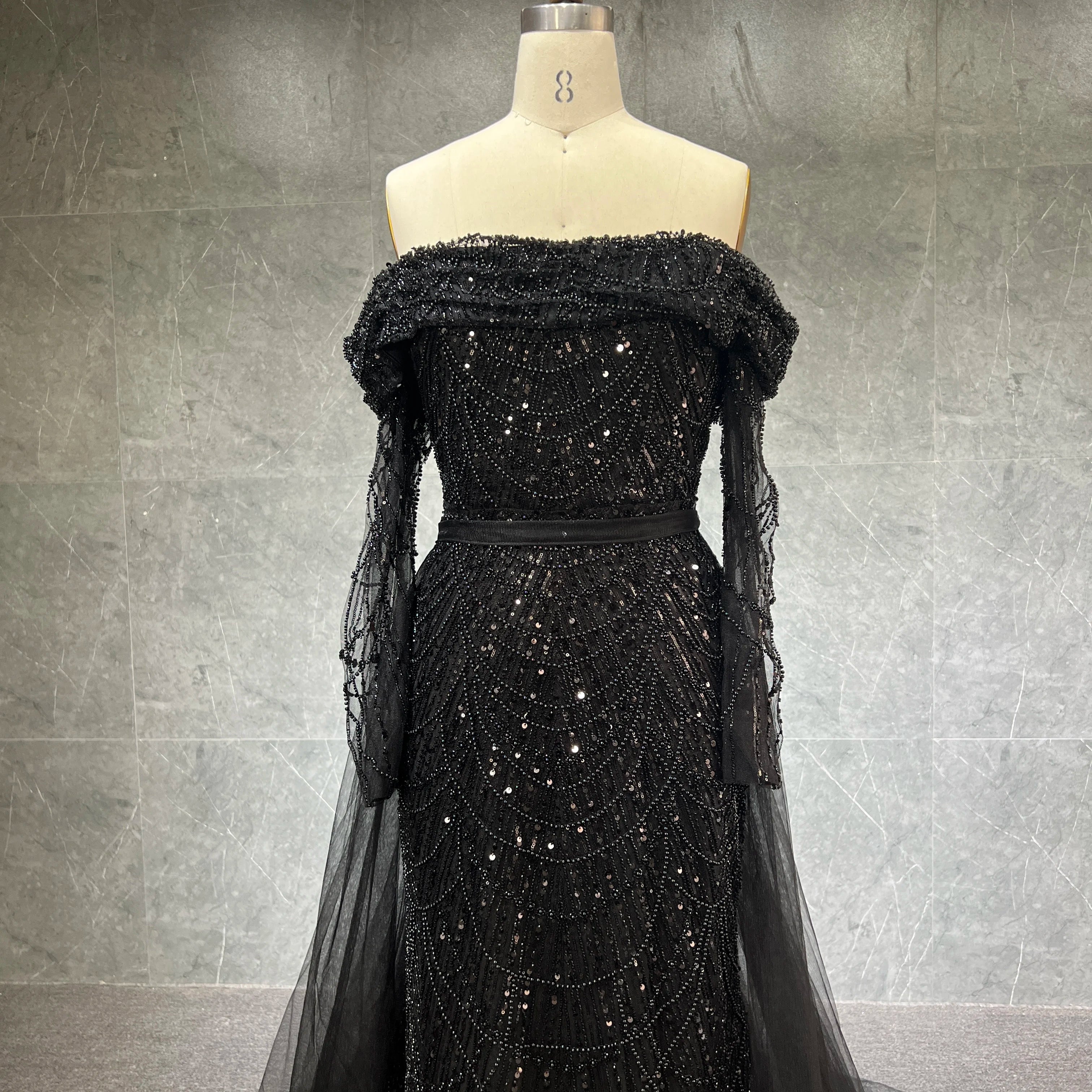 2023 Luxury Black Dubai Evening Dress Off Long Sleeve Detachable Skirt Arabic Women Wedding Party Prom Gown