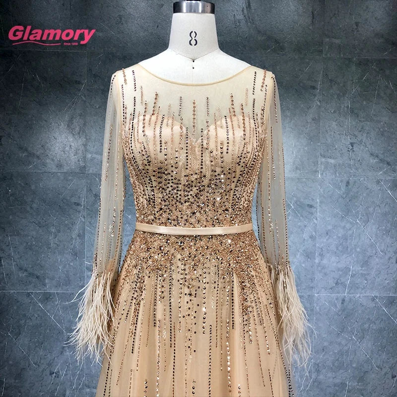 Luxury Beading Long Sleeve a Line Evening Prom Women Elegant Robe De Soiree