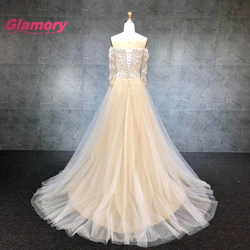 Champagne Cheap Hight Quality Wedding Dress Off Shoulder Half Sleeve 3D Flower Lace Ball Wedding Gown