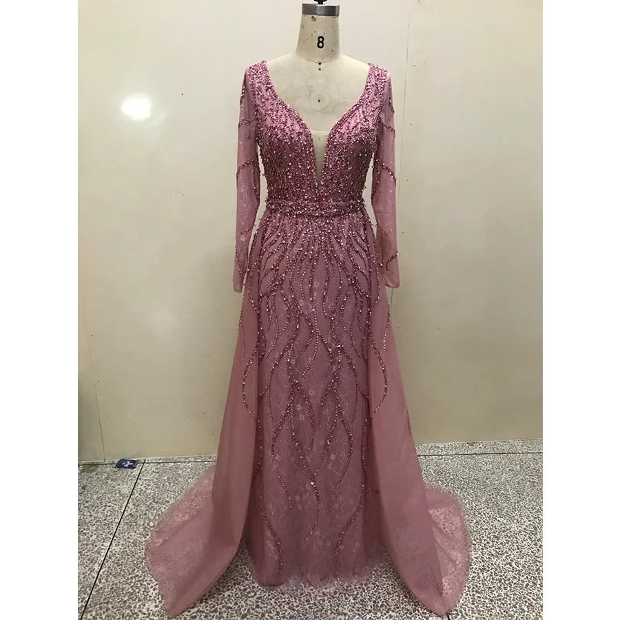 2022 Long Sleeves Luxury Evening Dresses Dubai V Neck Diamond Mermaid Beading Formal Dress