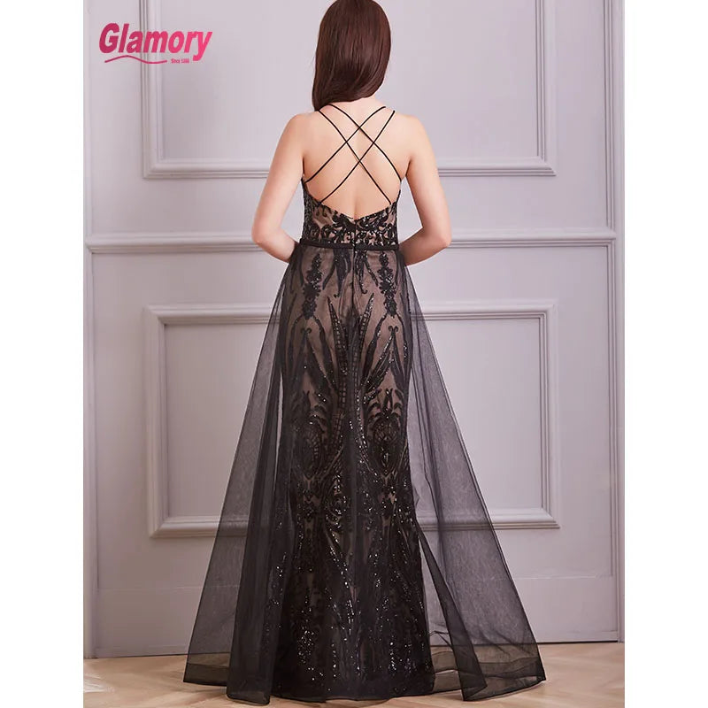 Black Pattern Sequin Evening Dress Sexy Bare Back Long Prom Dress