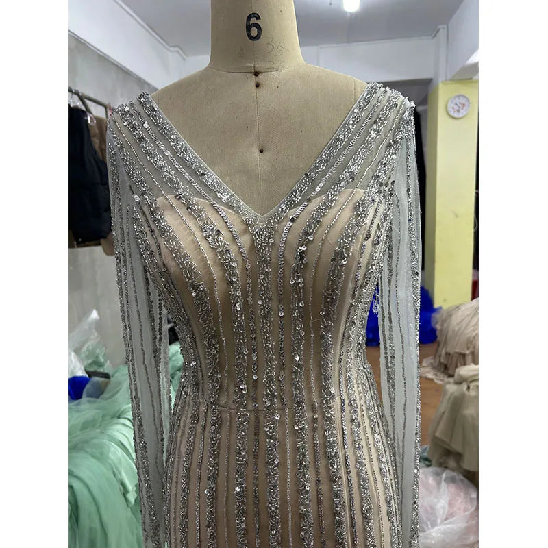 Beaded Long Sleeves Mermaid With Split Evening Dress 2024 Elegant Party Gown for Women