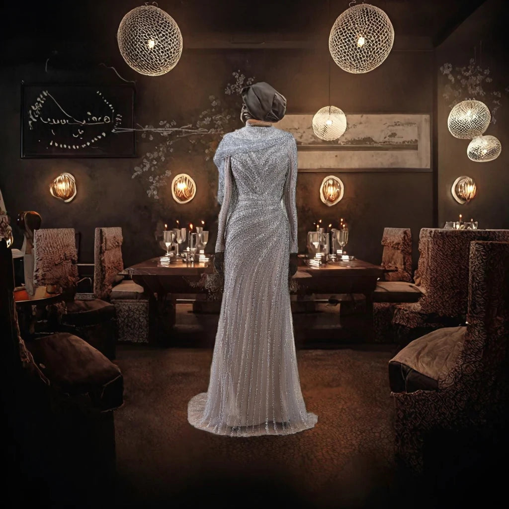Silver Nude Beaded Mermaid Party Gown for Women Muslim Long Sleeves Full Coverage Evening Floor-Length