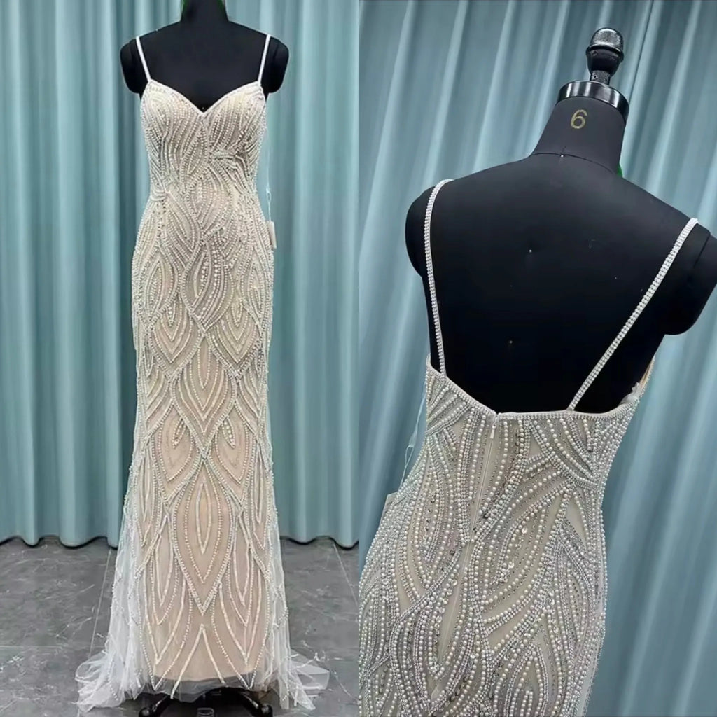 Silver Nude Pearls Beaded Mermaid Evening Dresses Long Tulle Pageant Evening Party Gown