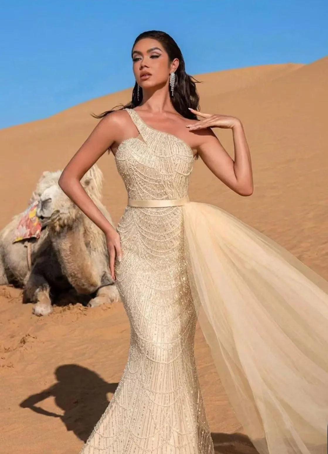 Luxury Dubai Mermaid Evening Dresses With Overskirt for Women 2024 Elegant One Shoulder Pearls Wedding Party Formal Gown