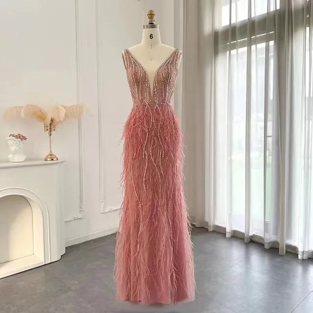 New Design V-Neck Spaghetti Strap  Feathers Beading Mermaid Dress for Women Party