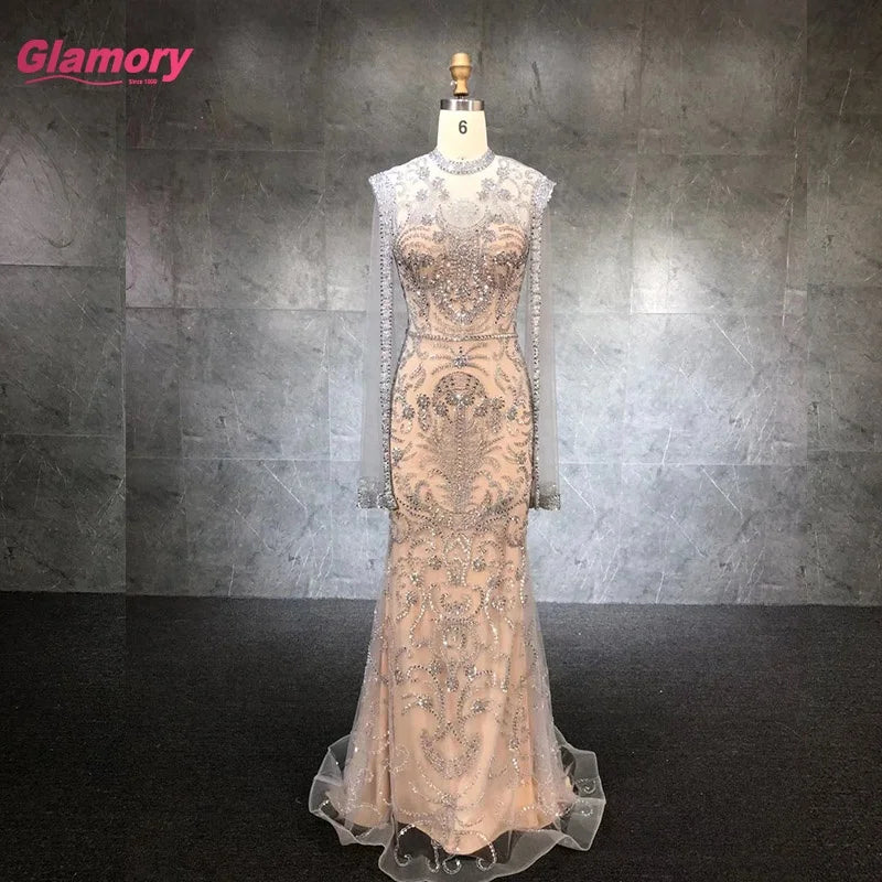 2021 Grey Nude With Cape Mermaid Luxury Evening Dresses Gowns Beading Elegant Sexy  Party Dress for Woman