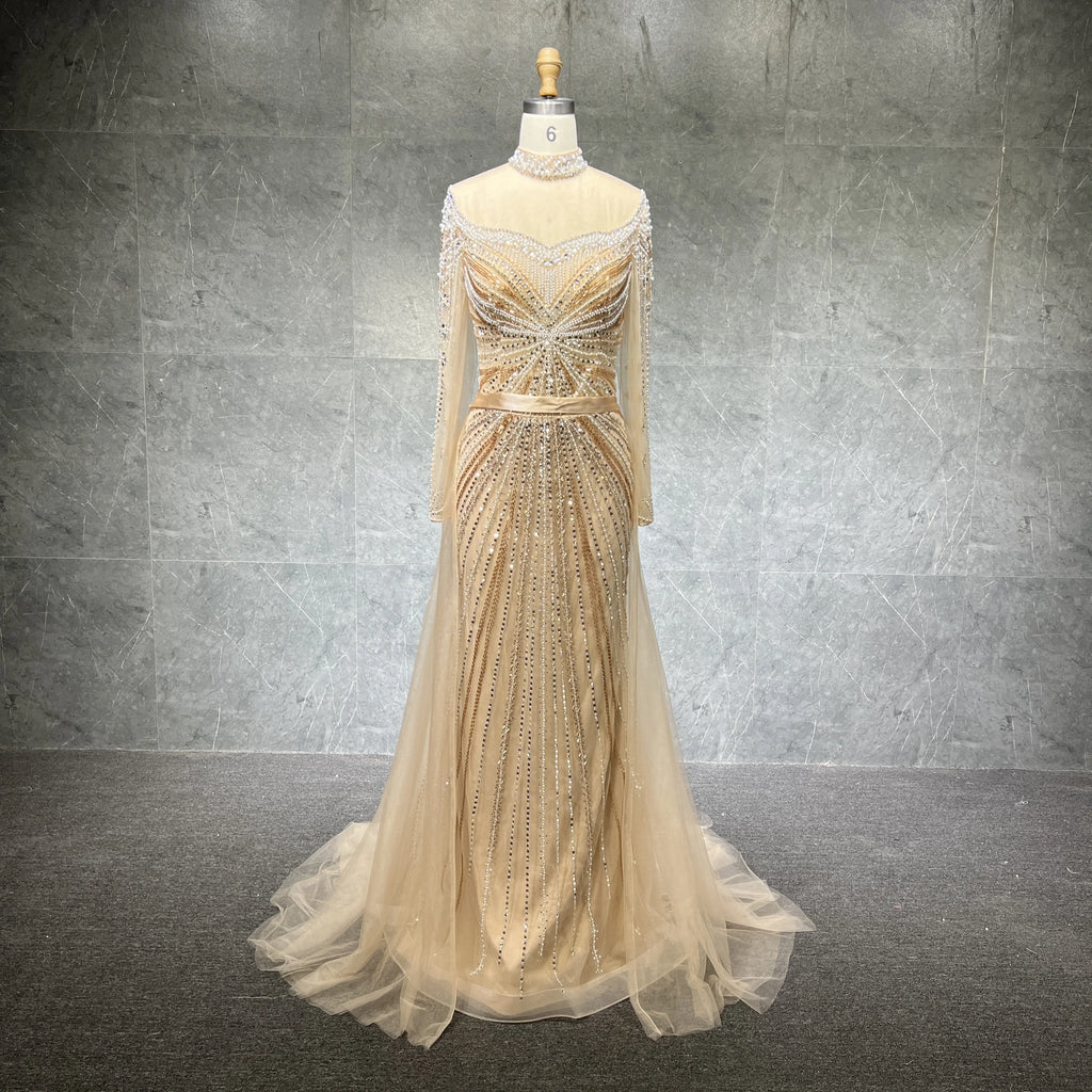 New Arrival Wholesale Muslim Hot Selling Beaded Tassel Mermaid Dubai Arab Ladies Evening Dress Gowns Wedding Party