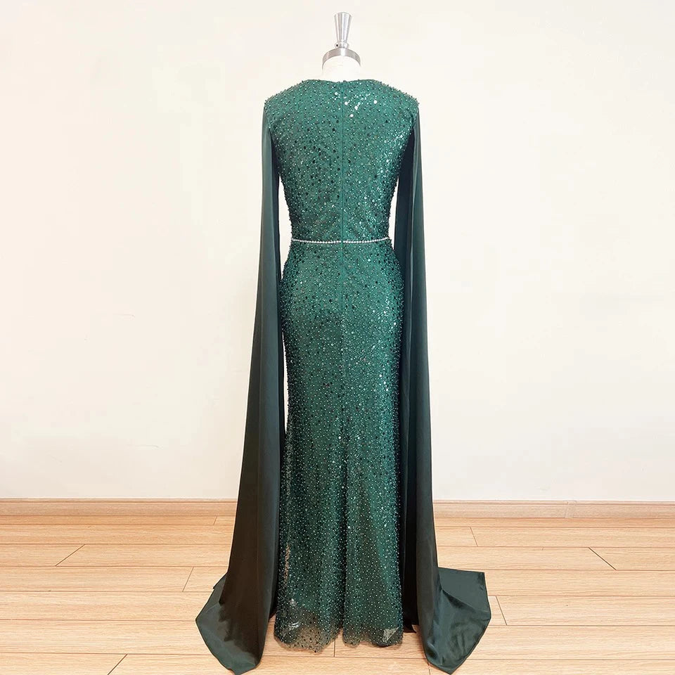 2022 New Arrival Luxury  Elegant Mermaid Sequined Evening Dress With Cape for Women Plus Size With Pearls