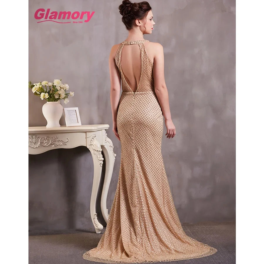 Gold Halterneck Mermaid Prom Wholesale Evening Dresses Sequin Tulle Evening Dress