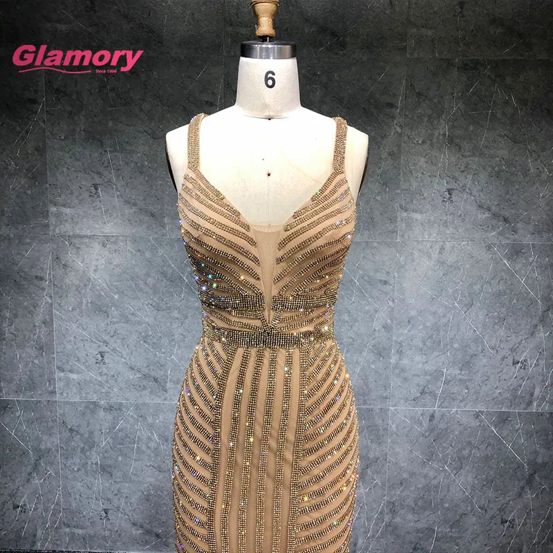 Gold Crystal Beaded Formal Prom Shiny Long Bodycon Evening Dress Ladies Spaghetti Straps Sexy Backless Party Gown