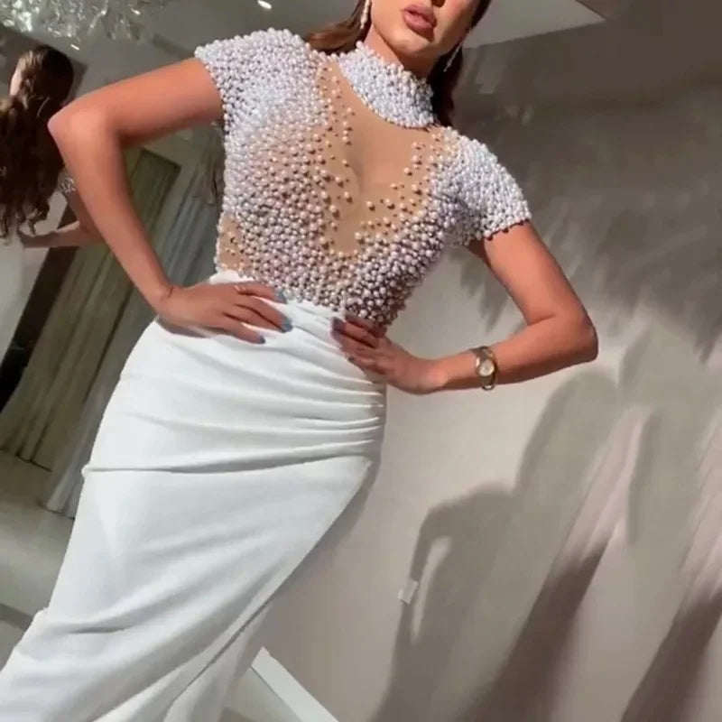 2022 Fashion Vestido De Novia Pearls Beaded Maxi Dress Short Sleeved Sexy Slit Women Party Gown Prom Dress