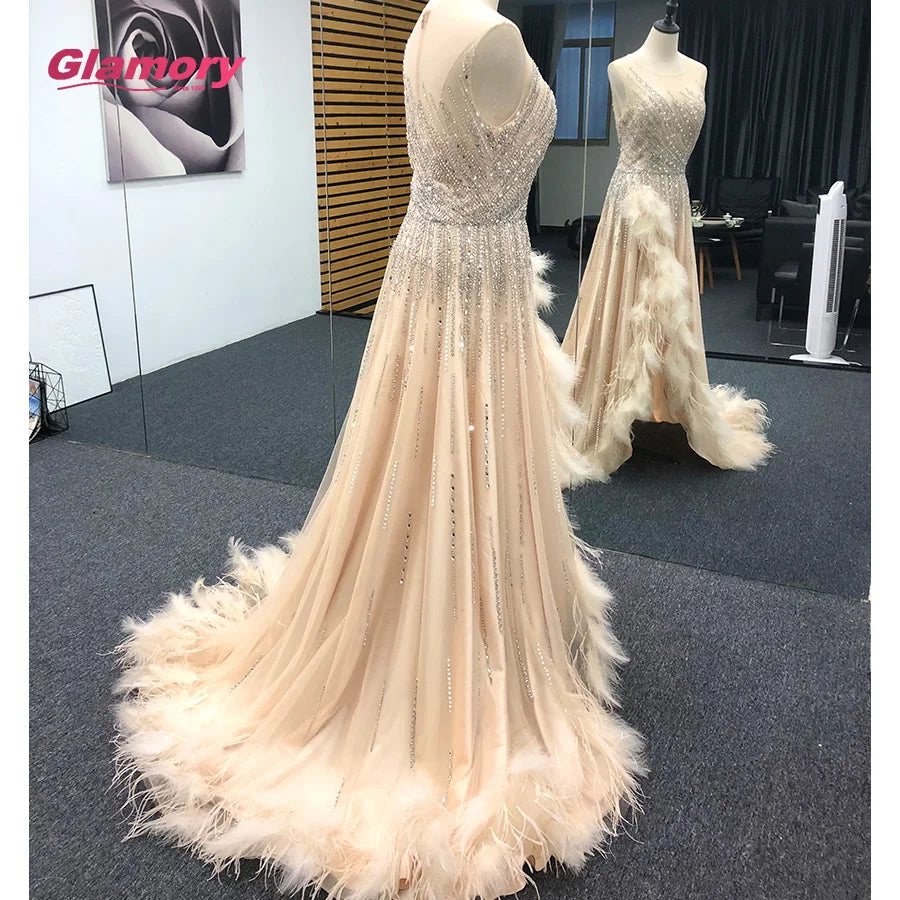 Champagne Heavy Beaded WIth Feather High Slit Sexy Open Leg Prom Dress Formal Evening Dresses 2020