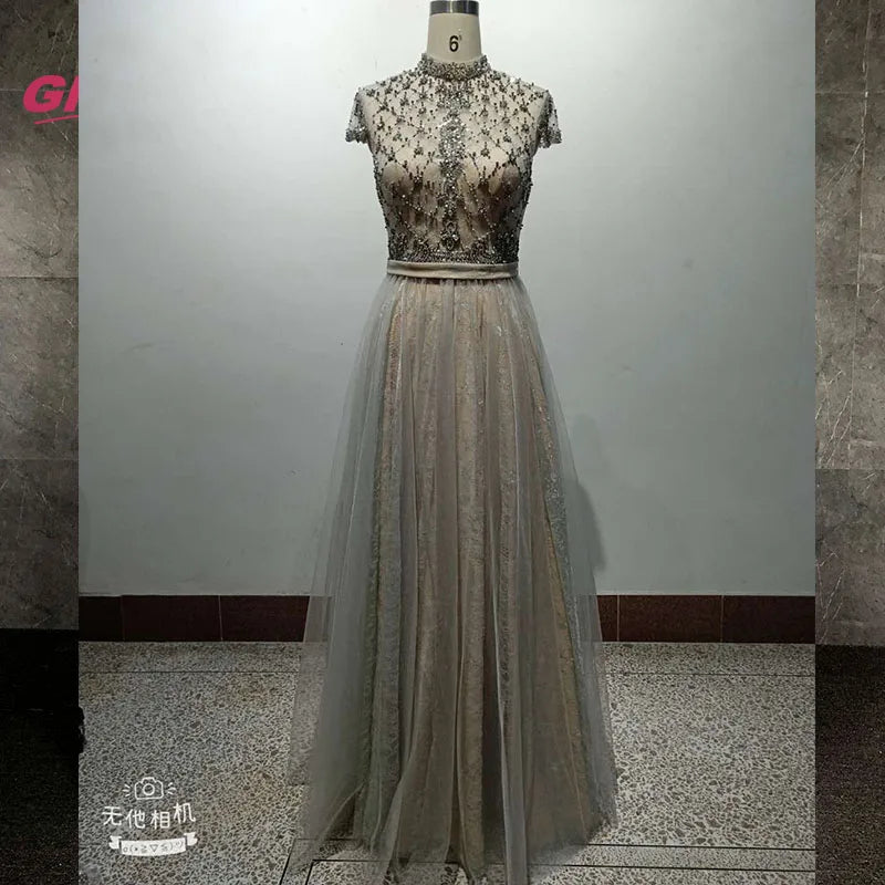 Gray High-neck Formal Woman Prom Beautiful Sexy Illusion Hand-beading Sleeveless a Line Evening Dress