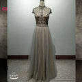 Gray High-neck Formal Woman Prom Beautiful Sexy Illusion Hand-beading Sleeveless a Line Evening Dress