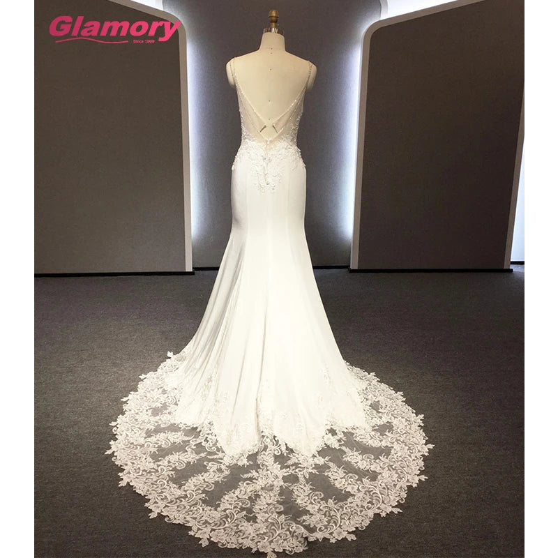 White Lvory Wholesale Cheap Mermaid Gown Satin Chiffon Lace Applique Bride Gowns Spaghetti Strap Illusion Sexy Wedding Dress