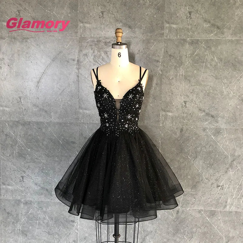 Hot Sale Club Party Dress Black Lace Applique Deep V Neck Sexy Backless Big Size Above Knee Mini Evening Dresses