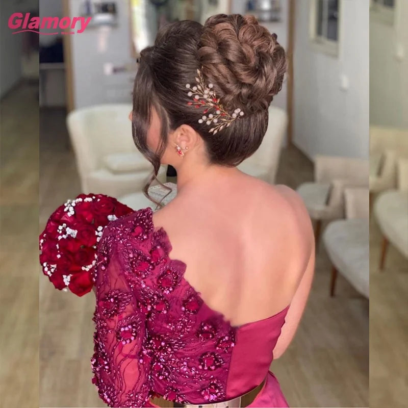 Burgundy One Shoulder 3D Beaded  Lace Sexy Evening Gowns Long a Line Satin Formal Prom Dresses
