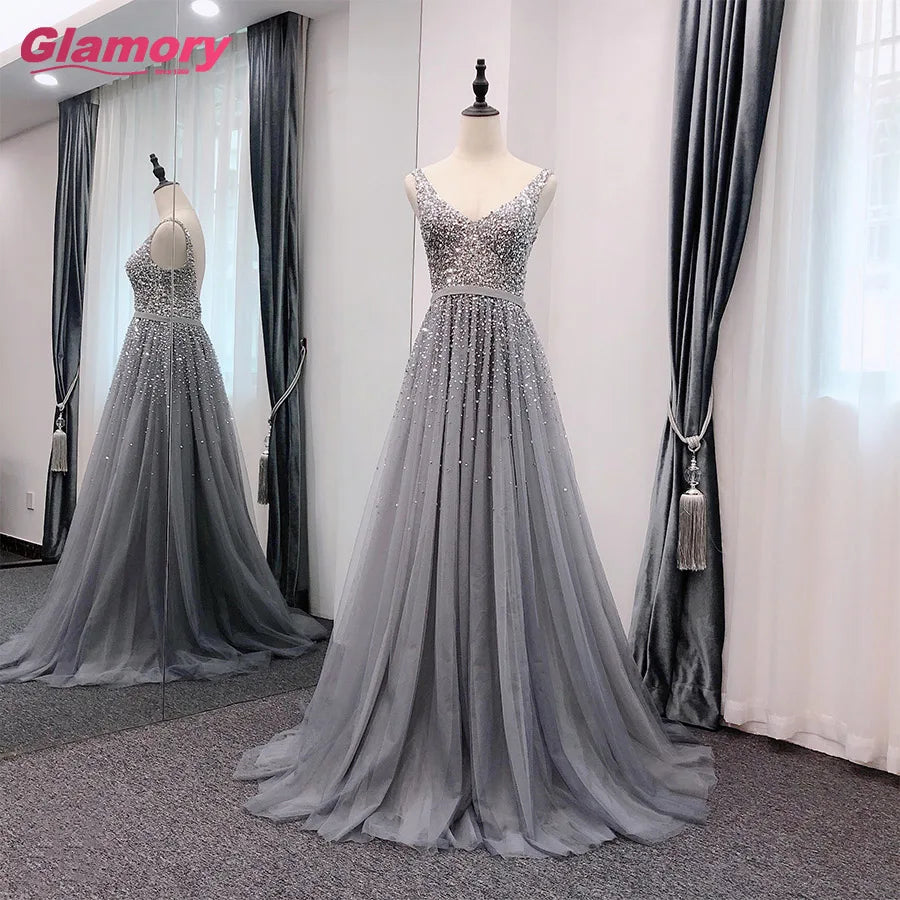 Gray Beading Sparkly Prom V Neck Elegant European Style A-Line Charming Evening Dress