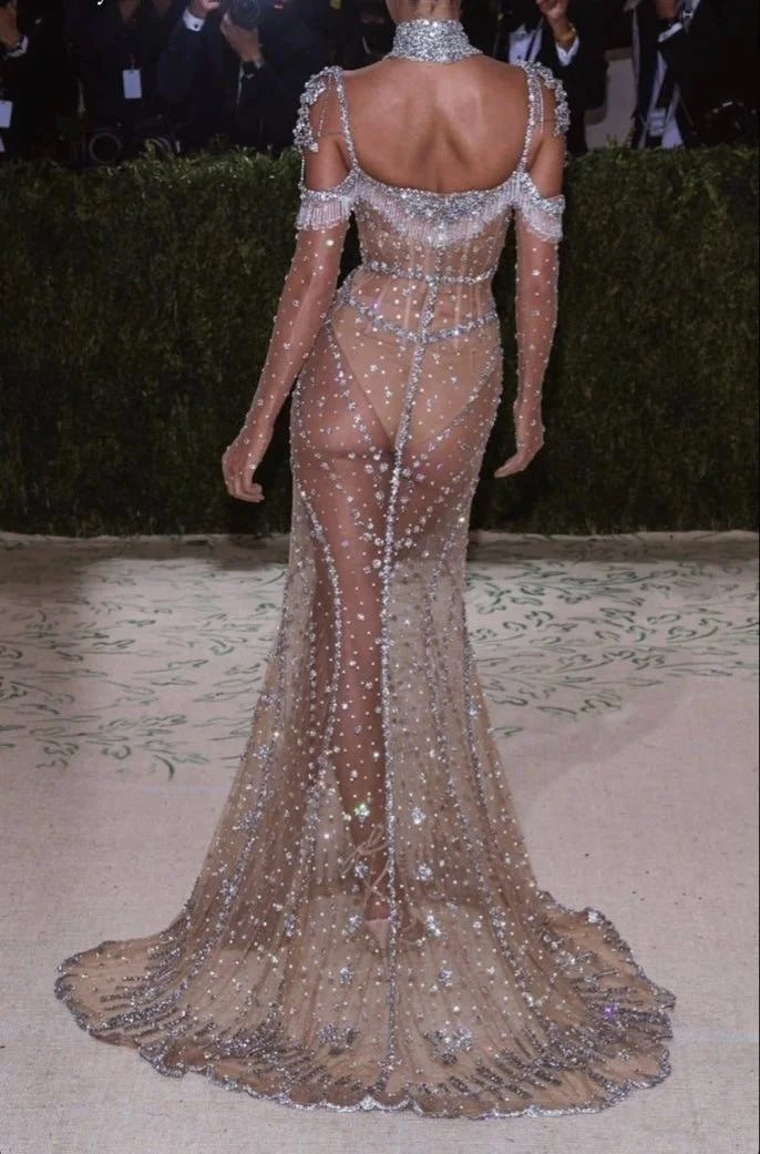 NEW Luxury Tassel Beaded Sexy Sliver Nude Mermaid Elegant Arabic Full Sleeve Evening Dresses Gowns