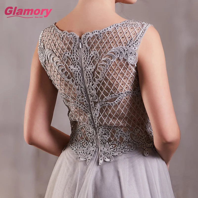 Gray Dresses Long Sexy See Through Lace Appliques Prom O-neck Floor-length Tulle Evening Dress