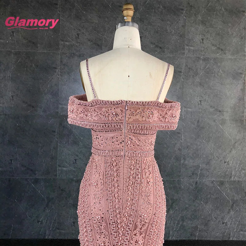 Pink Off Shoulder Lace Appliqued Mermaid Prom Elegant Beading Women Long Formal Evening Dress