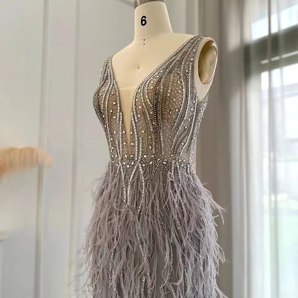 New Design V-Neck Spaghetti Strap  Feathers Beading Mermaid Dress for Women Party