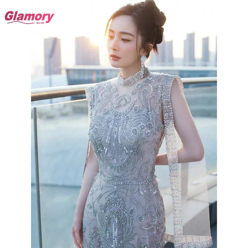 2021 Grey Nude With Cape Mermaid Luxury Evening Dresses Gowns Beading Elegant Sexy  Party Dress for Woman