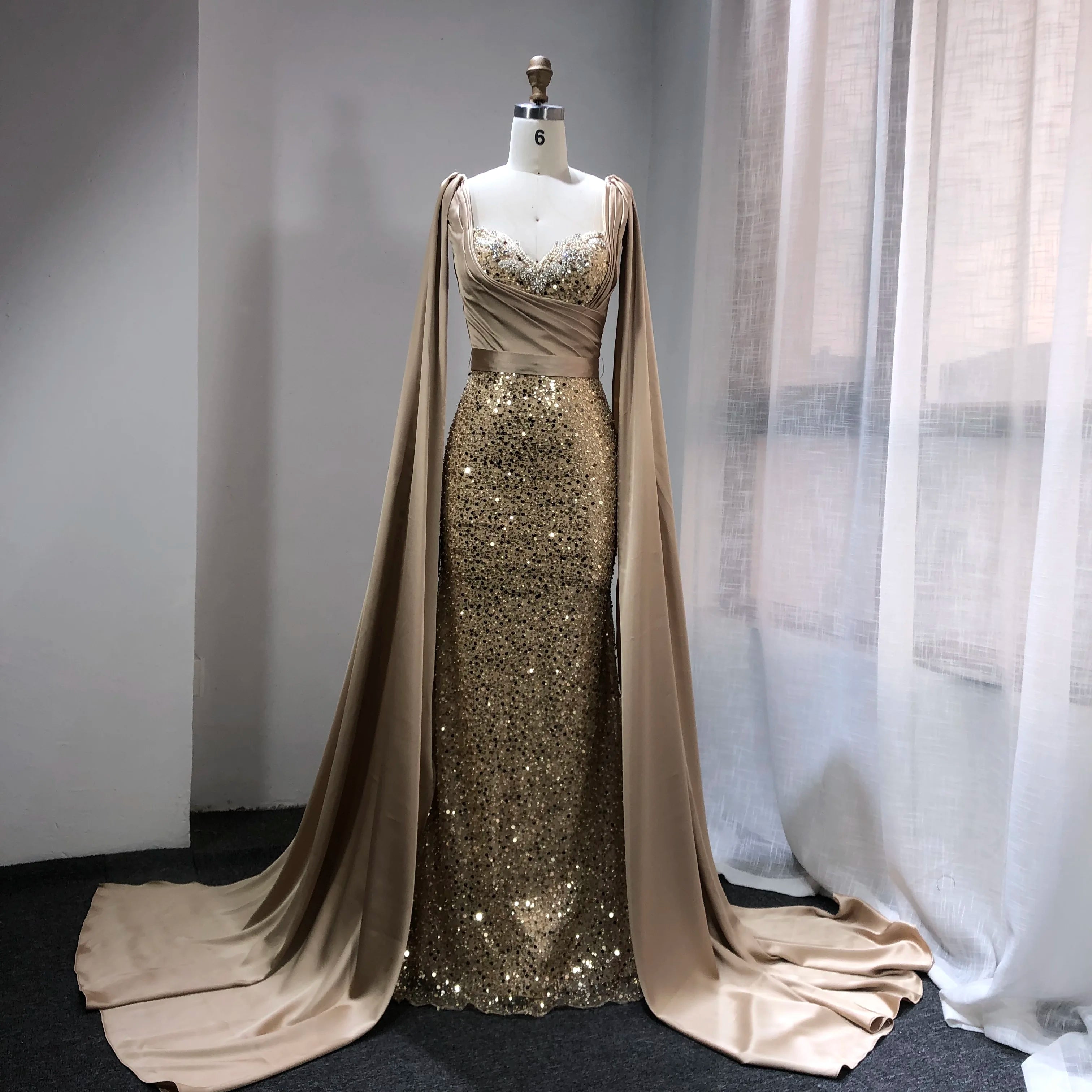 2021 Long Sleeves Mermaid Evening Dresses Long Satin Party Gowns Beading Elegant Evening Dresses for Women