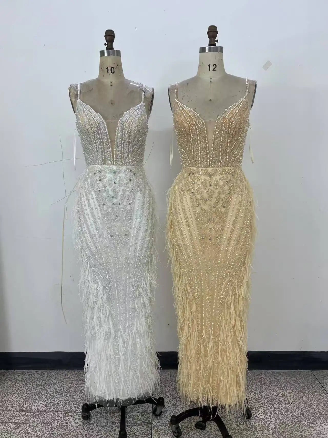 White Nude Mermaid Spaghetti Strap Beaded Feather Evening Dresses Prom Gowns for Woman Wedding Party
