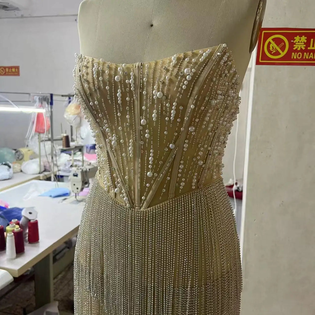 Silver Sexy New Mini Dress Tassel Pearl Stripe Mini Cocktail Party Slim Fit Evening Dress High Waist Sleeveless Strapless