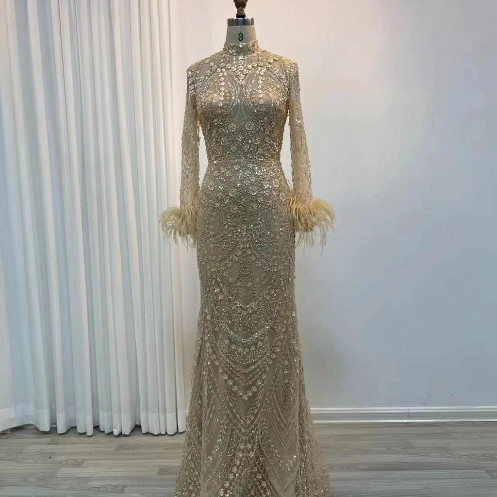 Long Sleeve Muslim Women Wedding Party Dubai Gowns Gold Luxury Beaded Feathers Mermaid Long Evening Dresses