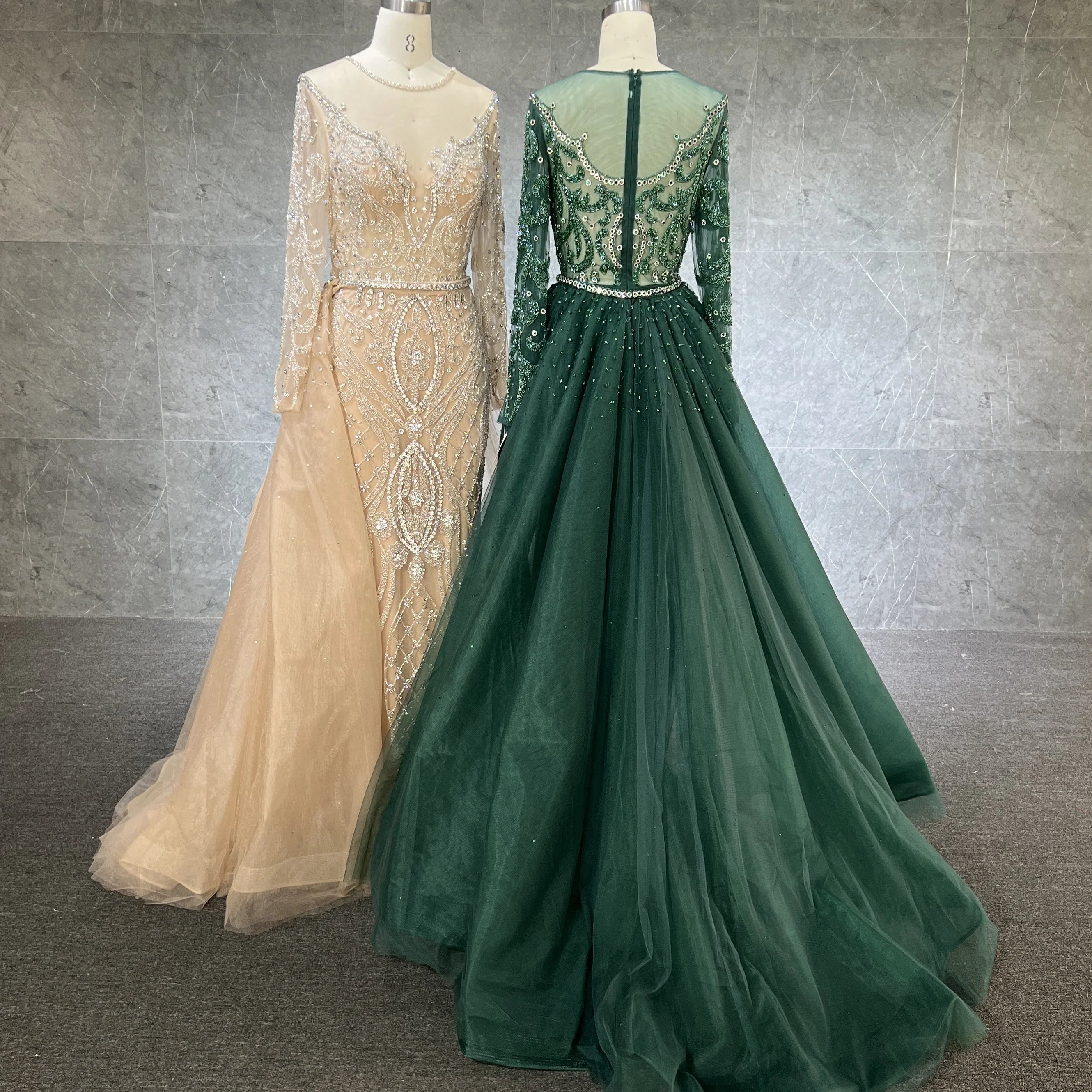 New Muslim Nude Silver Elegant Mermaid Beaded Luxury With Skirt Long Sleeve Evening Dresses Gowns