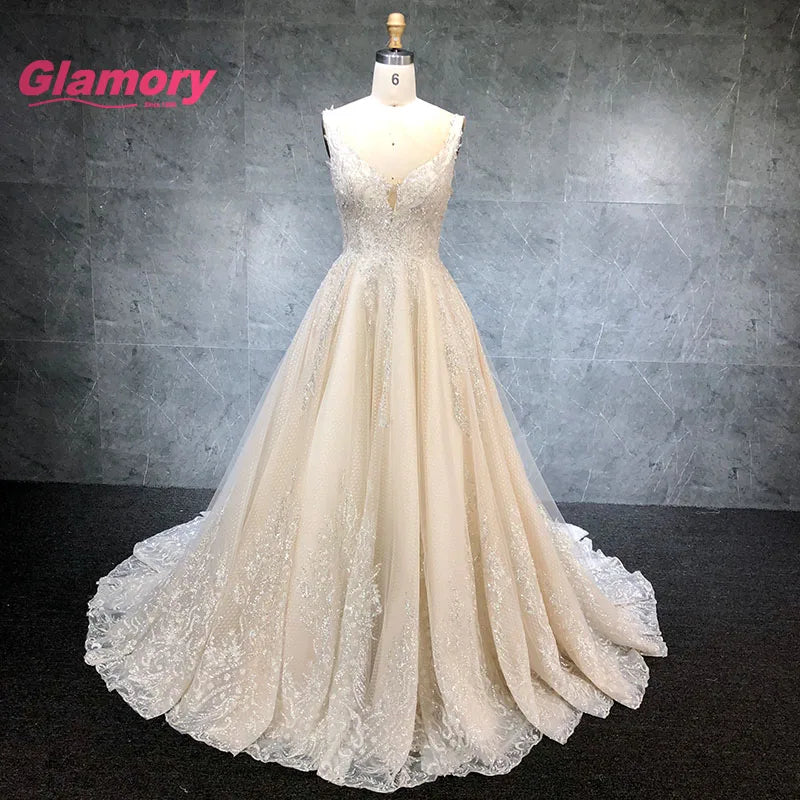 Luxury Champagne Wedding Princess Lace Appliqued Plus Size Sleeveless Ball Gown Bridal Dress