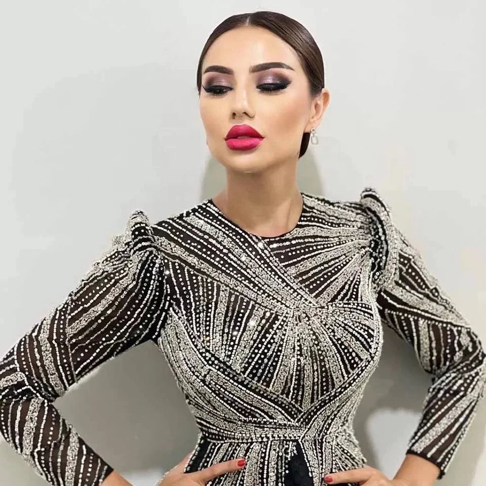 Black Midi Evening Dresses O Neck Long Sleeves  a Line Beaded Ladies Formal Party Gowns