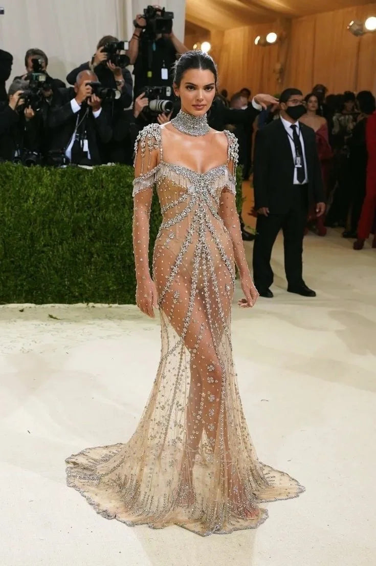 NEW Luxury Tassel Beaded Sexy Sliver Nude Mermaid Elegant Arabic Full Sleeve Evening Dresses Gowns