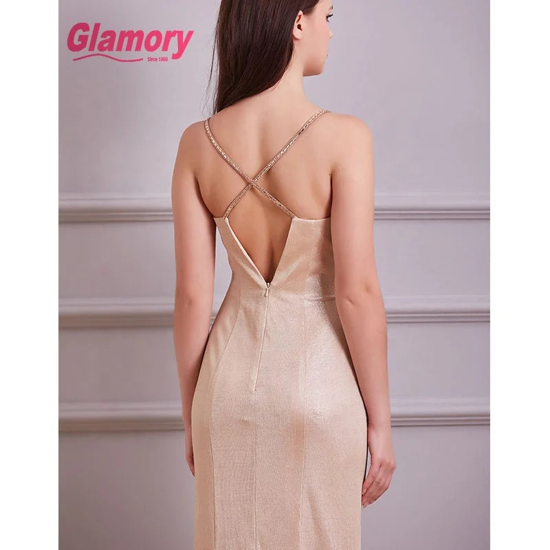 Spaghetti Strap A-line Lady Long Hot Drilling Rose Gold Gown Evening Dress