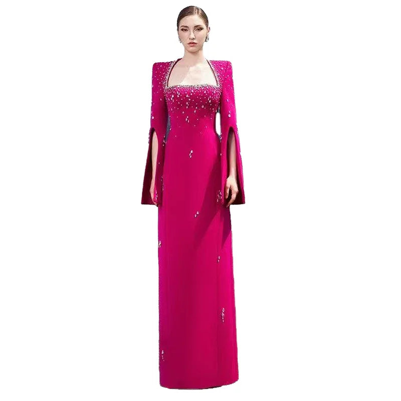2025 Luxury Women Evening Dresses Gown New Modest Design Rhinestone Beaded Split Half Sleeve Straight Floor-Length Robe Femme