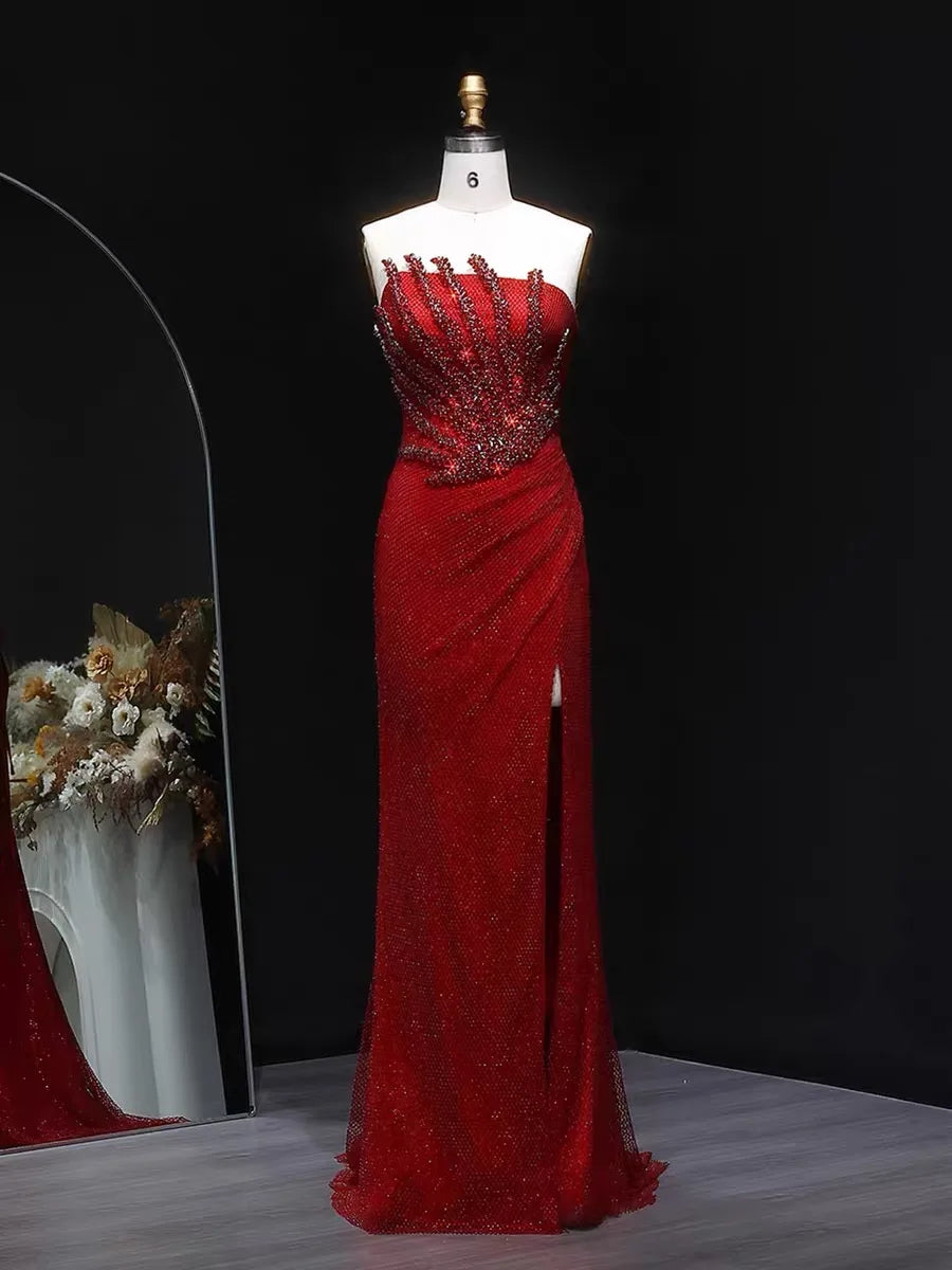 Gold Luxury Dubai Caramel Mermaid Evening for Women 2025 Sparkly Crystal Floor-Length Sweep for Weddings Proms