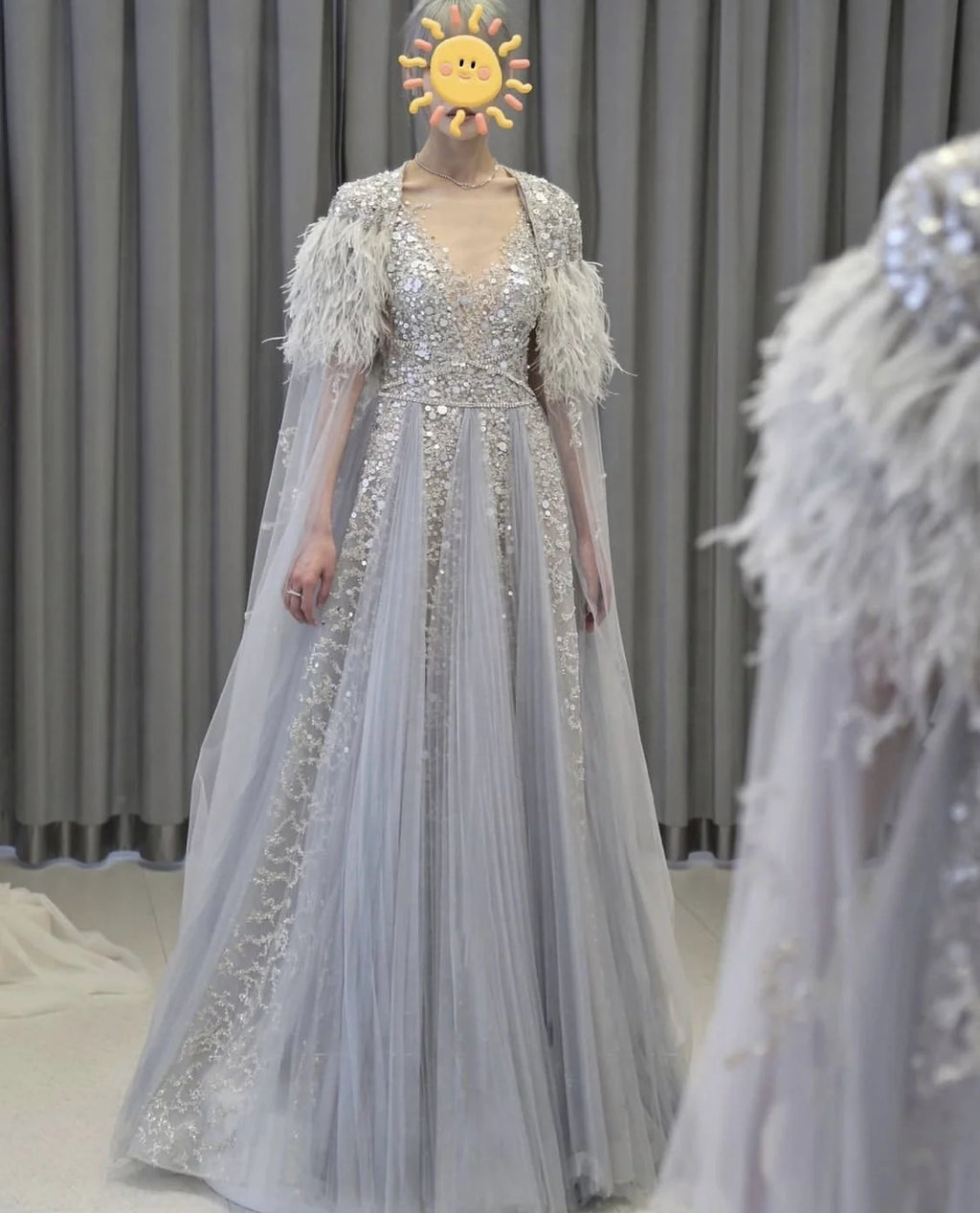 A-Line Evening Dresses With Feathers Shawl  Women Shiny Beaded Prom Dress Robe De Soiree