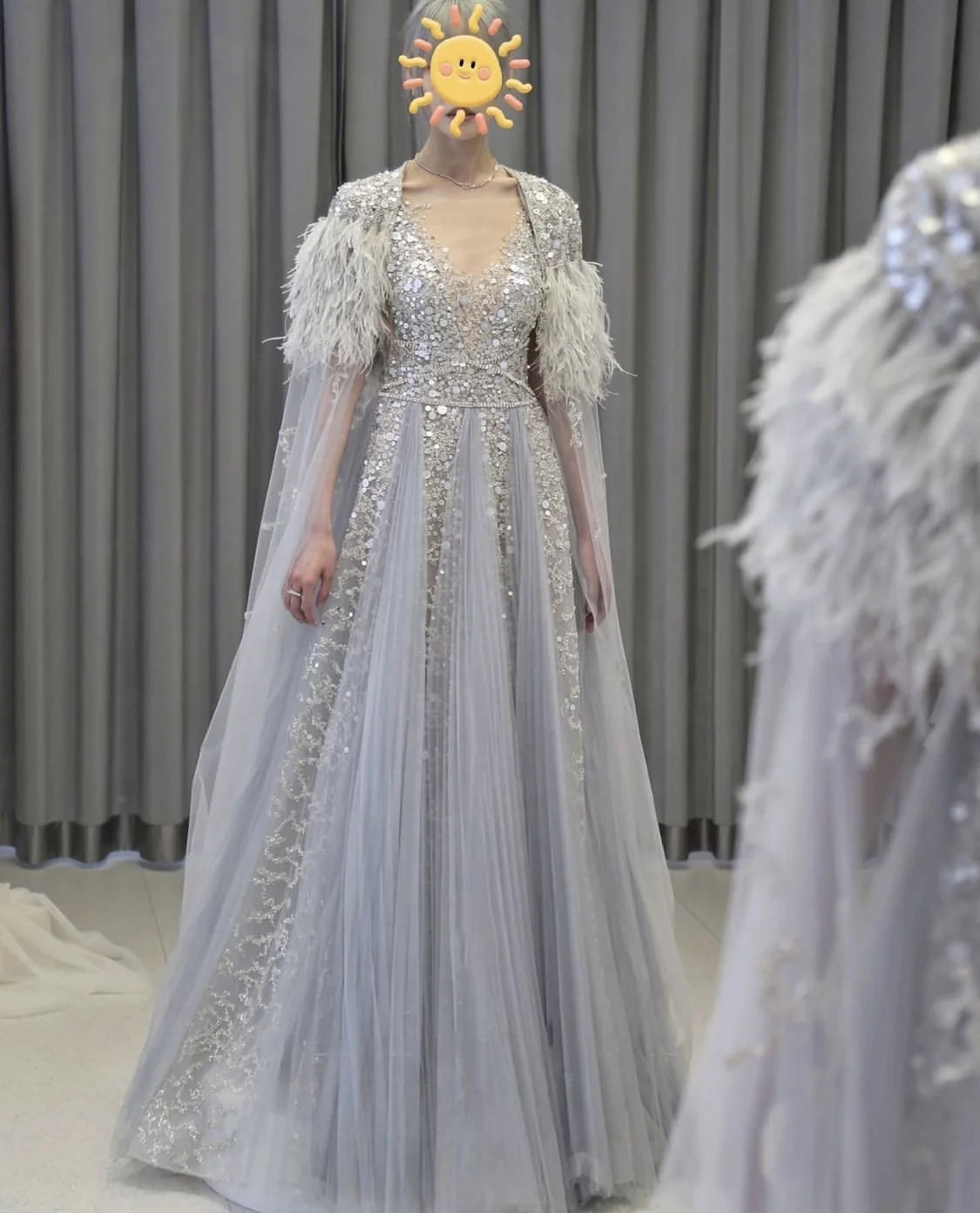 A-Line Evening Dresses With Feathers Shawl  Women Shiny Beaded Prom Dress Robe De Soiree